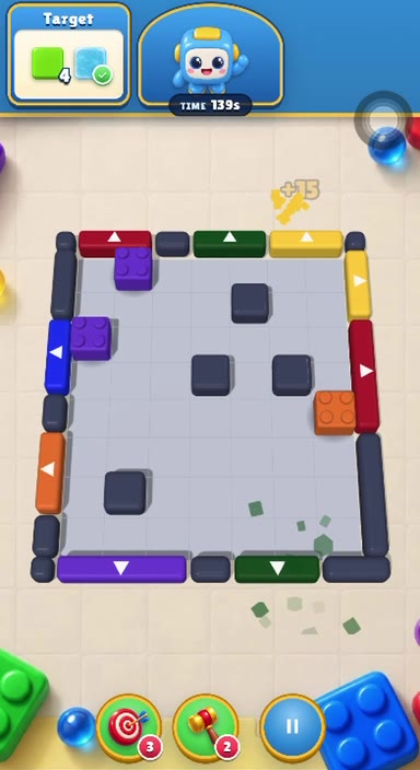 Gameplay: the last blocks of a sliding-block puzzle are cleared, followed by a level-complete screen and a score.