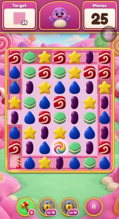 Match-3 · reskin gameplay: the same match-3 game reskinned with candy pieces, including a striped-candy line blast. Made in Evonx from one sentence.