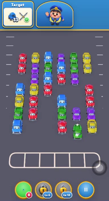 Parking jam gameplay: cars are tapped one by one and drive out of a crowded parking lot. Made in Evonx from one sentence.