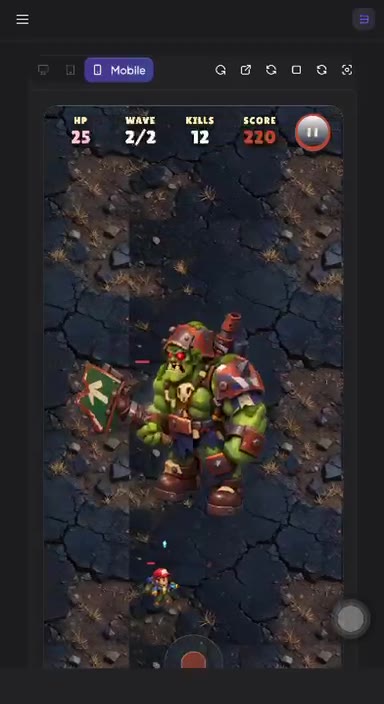 Top-down shooter gameplay: a top-down shooter where the player fights an AI-generated 3D orc warlord boss. Made in Evonx from one sentence.