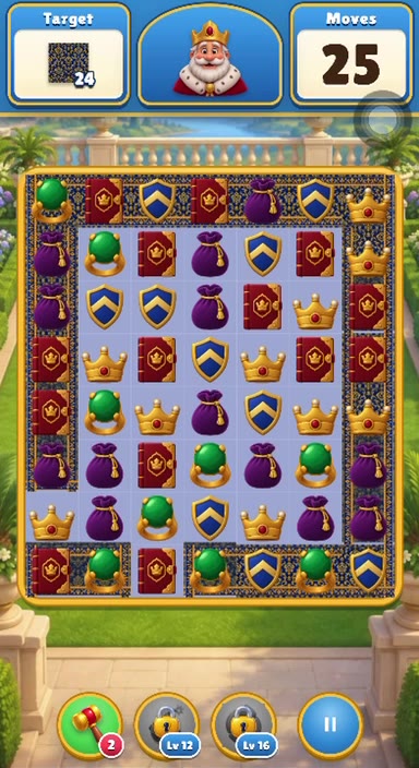 Gameplay: a medieval-themed match-3 board with cascading combos.