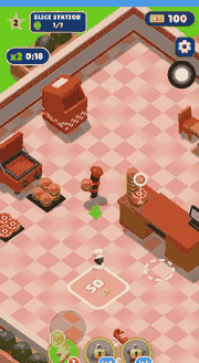 Isometric pizza kitchen game: a chef slices and stacks pizzas at a station