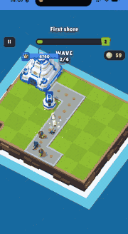 Isometric tower defense: cannons fire at enemies walking a path toward a fort