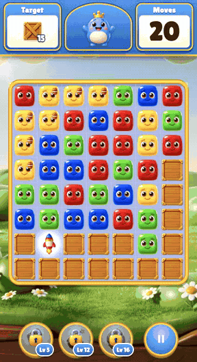 Blast gameplay: Tap connected same-colour groups, make boosters from big groups and clear the level goal.
