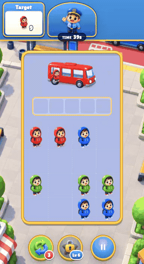 Bus jam gameplay: Tap passengers to board the bus of their colour while managing a limited waiting area.