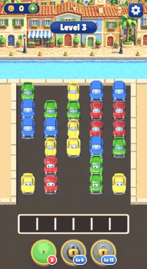 Car match gameplay: Move cars into slots; three of a colour clear; plan ahead to avoid a full row.
