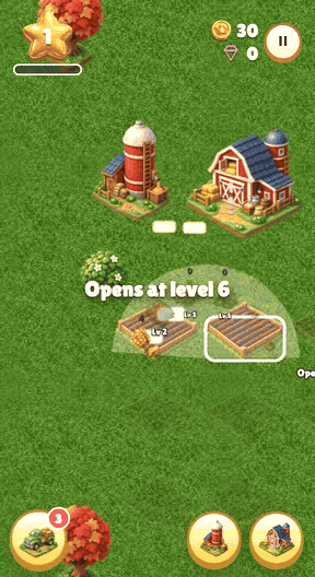 Farm & city builder gameplay: Plant and harvest, earn resources, then build and expand.