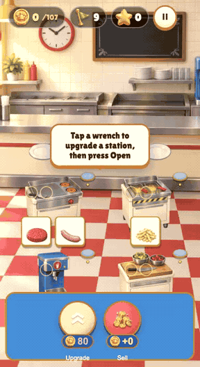 Cooking gameplay: Prepare and serve orders before customers lose patience; upgrade the kitchen.