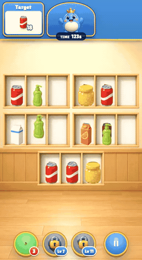 Goods sort gameplay: Move goods between shelves; three matching items clear.