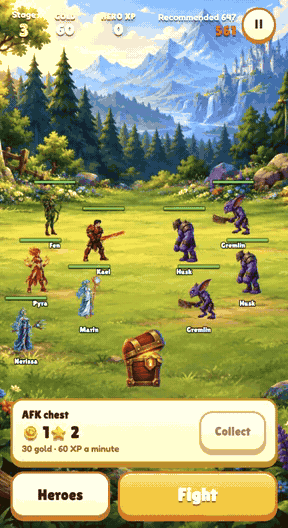Idle RPG gameplay: Heroes fight automatically; spend loot on upgrades; push further.