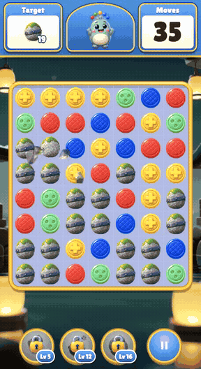 Link gameplay: Drag to connect adjacent matching pieces; longer chains clear more and charge specials.