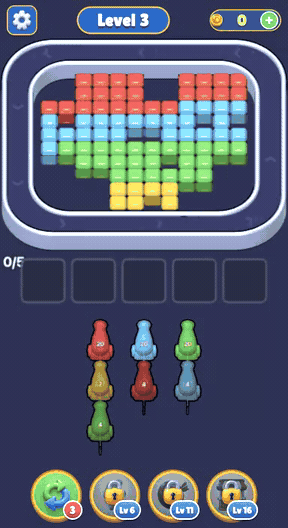 Pixel flow gameplay: Shoot the right colours from a conveyor to fill a pixel image.