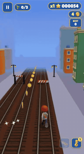 Endless runner gameplay: Swipe to switch lanes, jump and slide past obstacles while collecting coins.