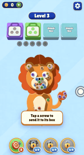 Screw away 3D gameplay: Rotate a 3D object and remove screws in an order that frees every part.