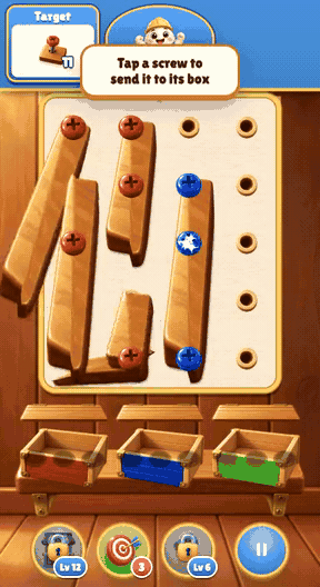 Screw jam gameplay: Unscrew pins into matching colour boxes until every plate drops.