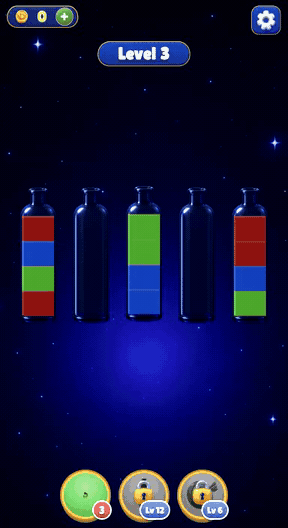 Water & ball sort gameplay: Move the top colour between tubes and finish with one colour per tube.