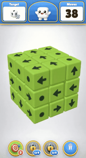Tap away 3D gameplay: Tap blocks to send them flying in their arrow's direction until the shape is gone.
