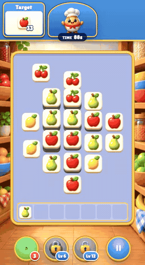 Triple tile match gameplay: Pick tiles into a tray; three identical tiles clear; don't let the tray fill.