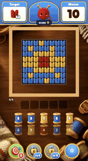 Yarn loop gameplay: Pull yarn strands in the right order onto matching spools.