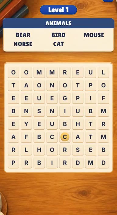 Gameplay: a word search grid where the player drags across BEAR, CAT, HORSE, BIRD and MOUSE to circle them and finish the level.