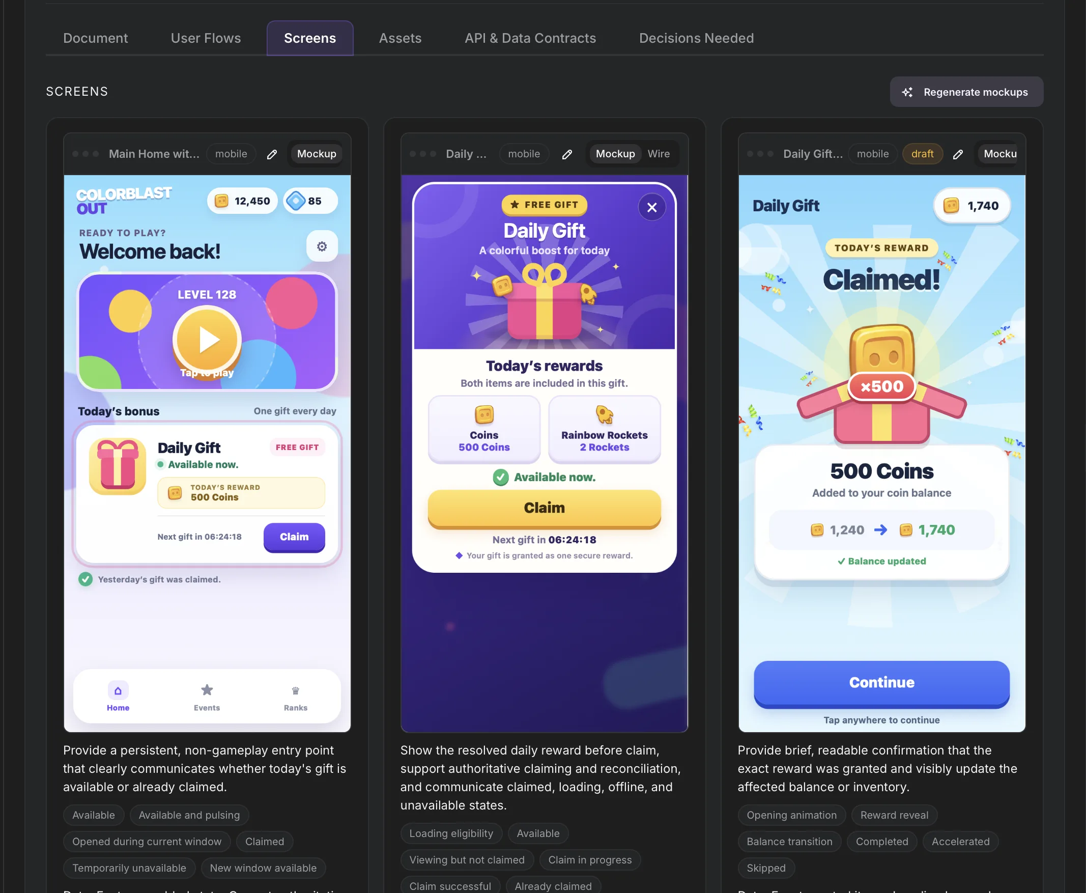 The Screens tab in Evonx: generated mobile mockups for a daily-gift flow — the home entry point, the reward popup, and the claimed confirmation — each with its purpose and the states it has to cover.