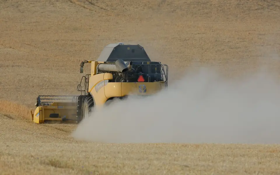 Combine harvester in a soybean field at dusk