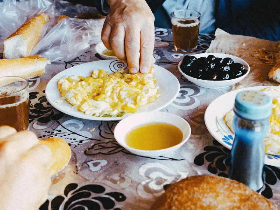 Breakfast spread on a wooden table