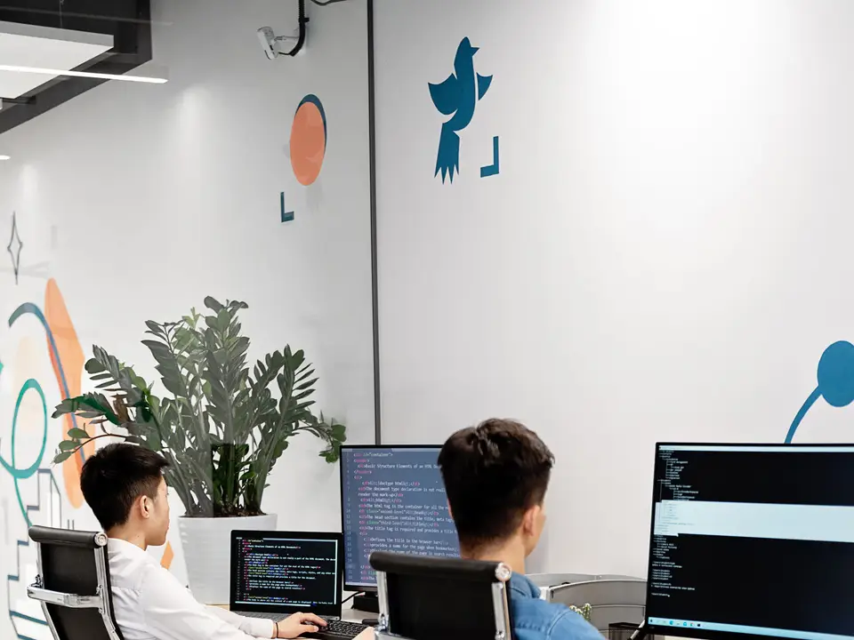 Two programmers coding together on monitors in a modern office
