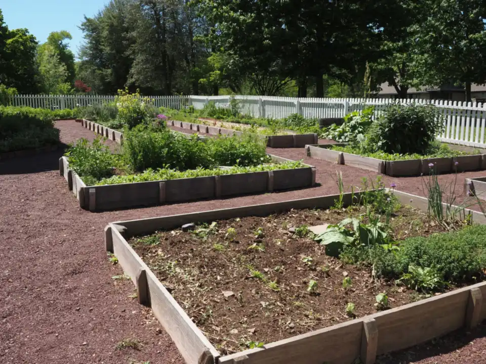 Raised community garden beds on a sunny day