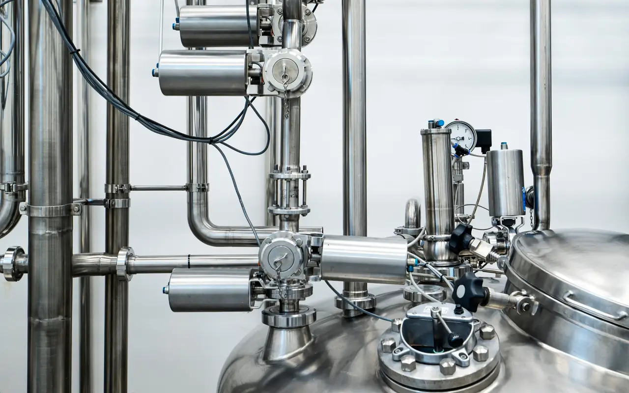 Stainless steel process tank with valves and piping