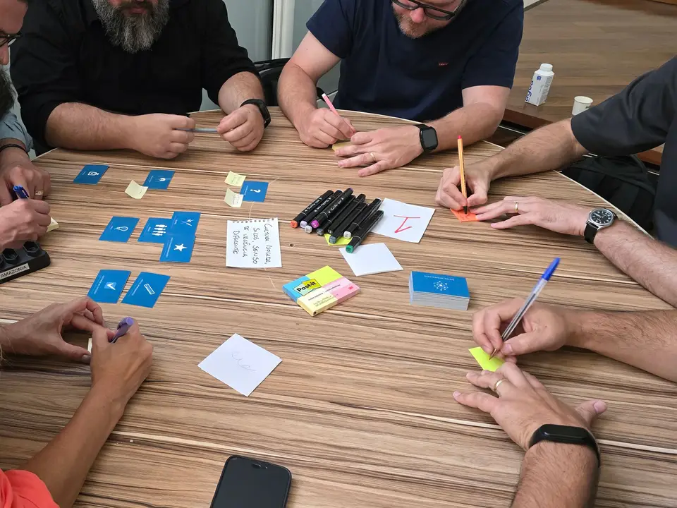 Team brainstorming at a round table