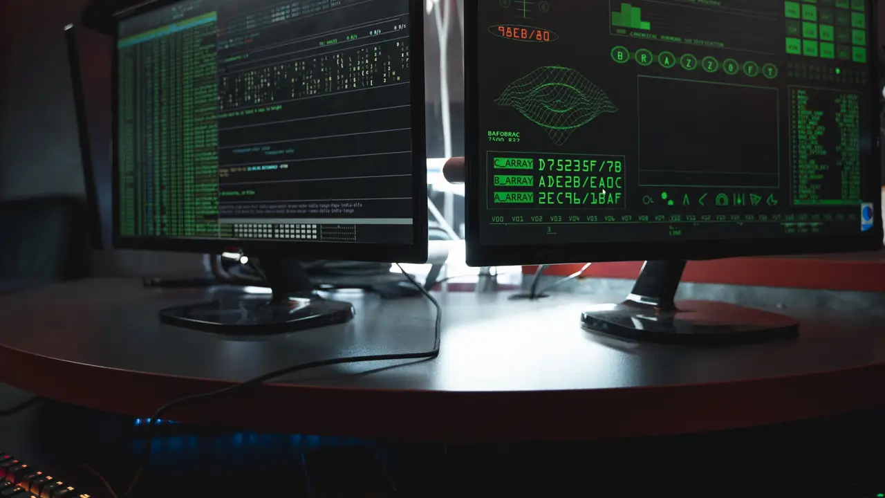 Close-up of system monitoring consoles with security graphs on dual screens
