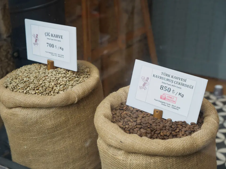 Stacked jute sacks of green coffee