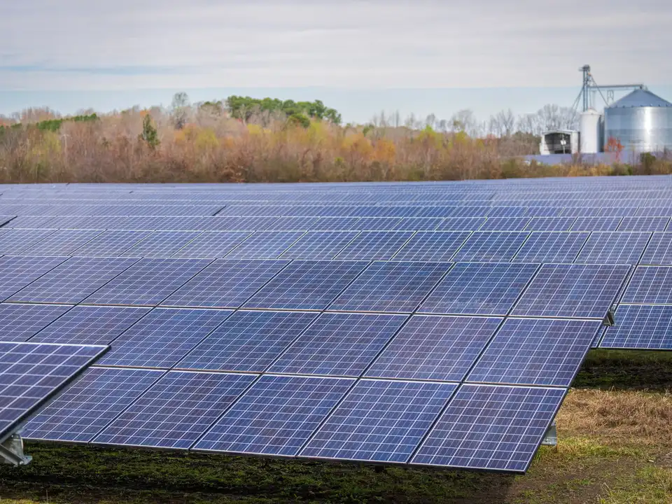 Solar array beside a meadow at a rural field station