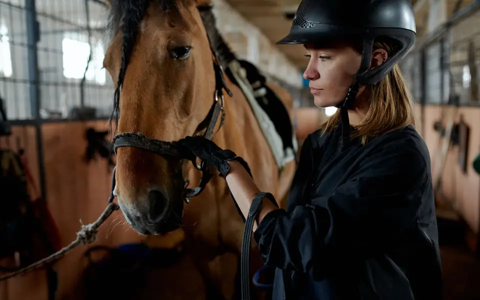 A thoughtful woman stroking a horse in its stable