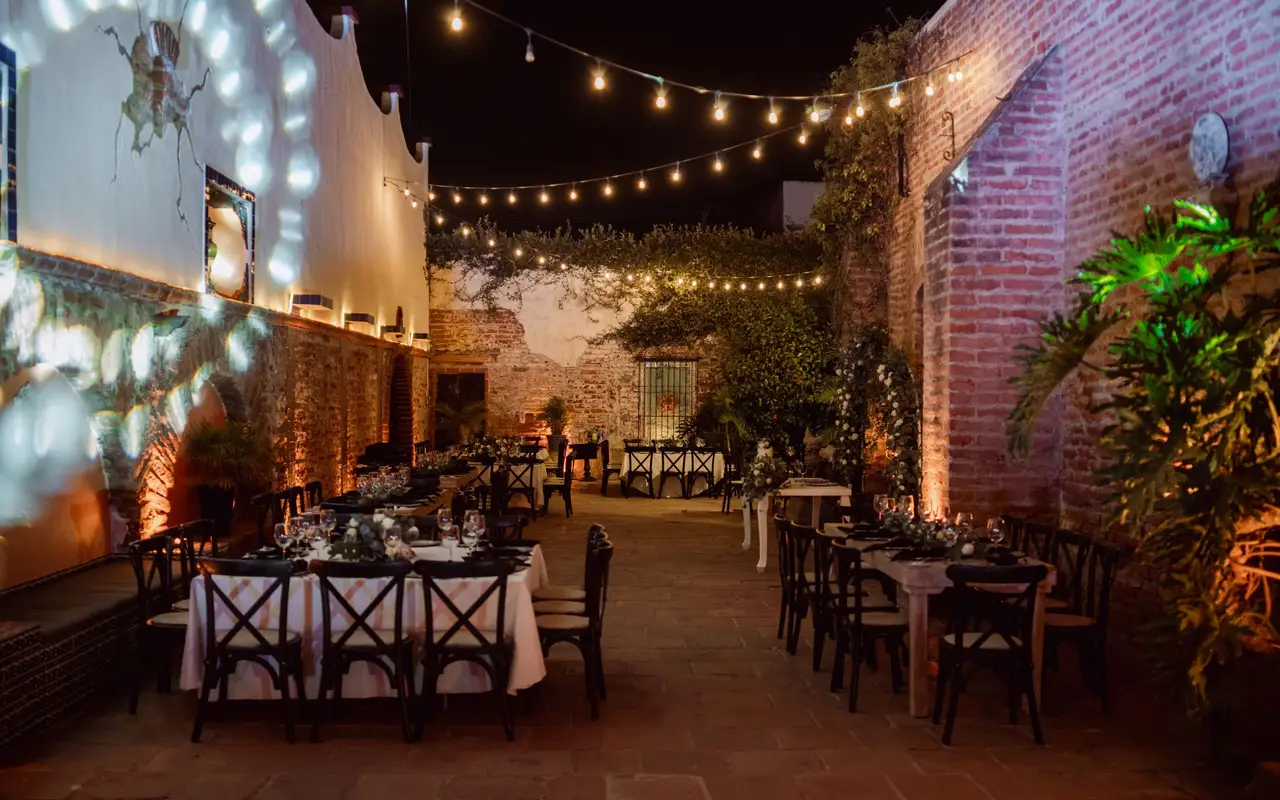 Evening garden event under string lights