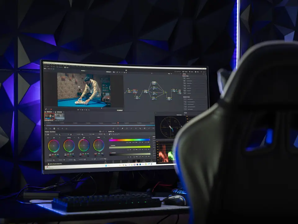 Edit suite monitor showing a colour grading timeline