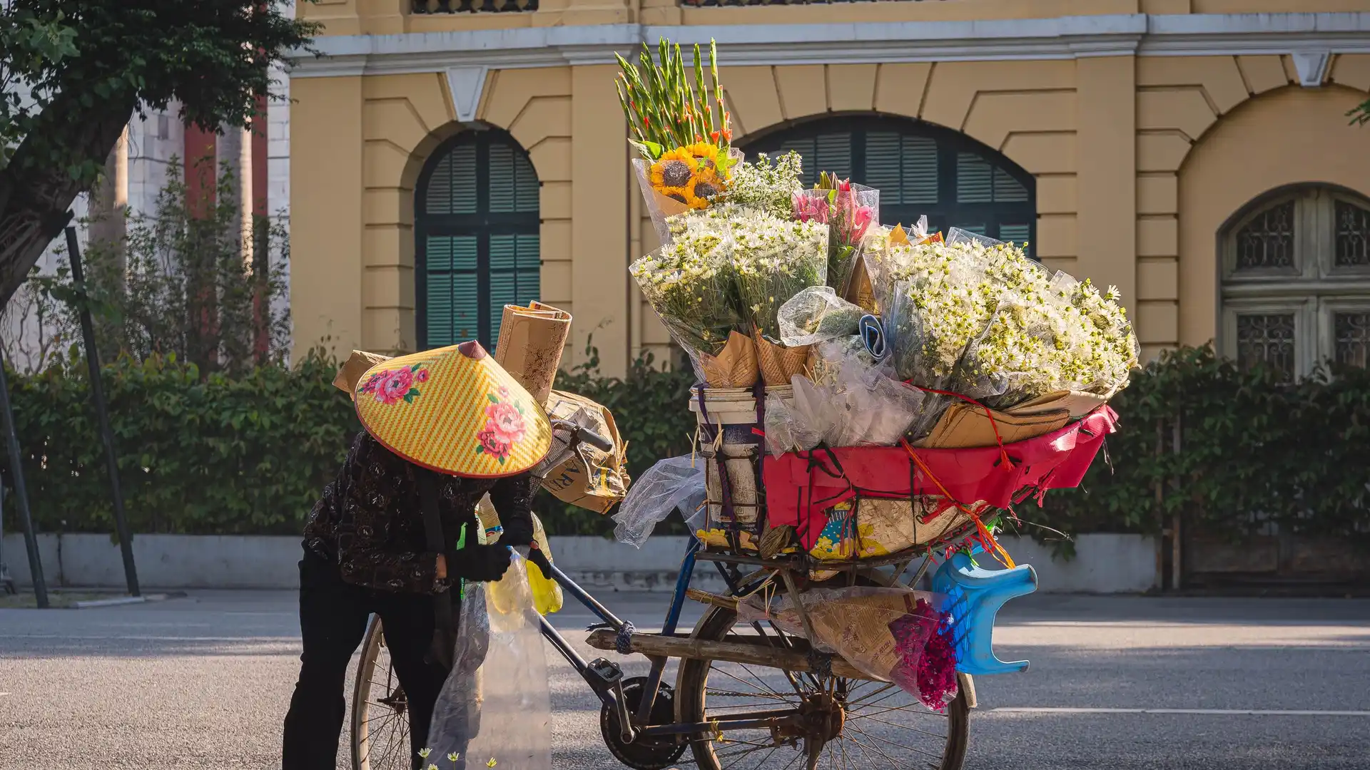 Street vendor arranging flowers at dawn in Buenos Aires