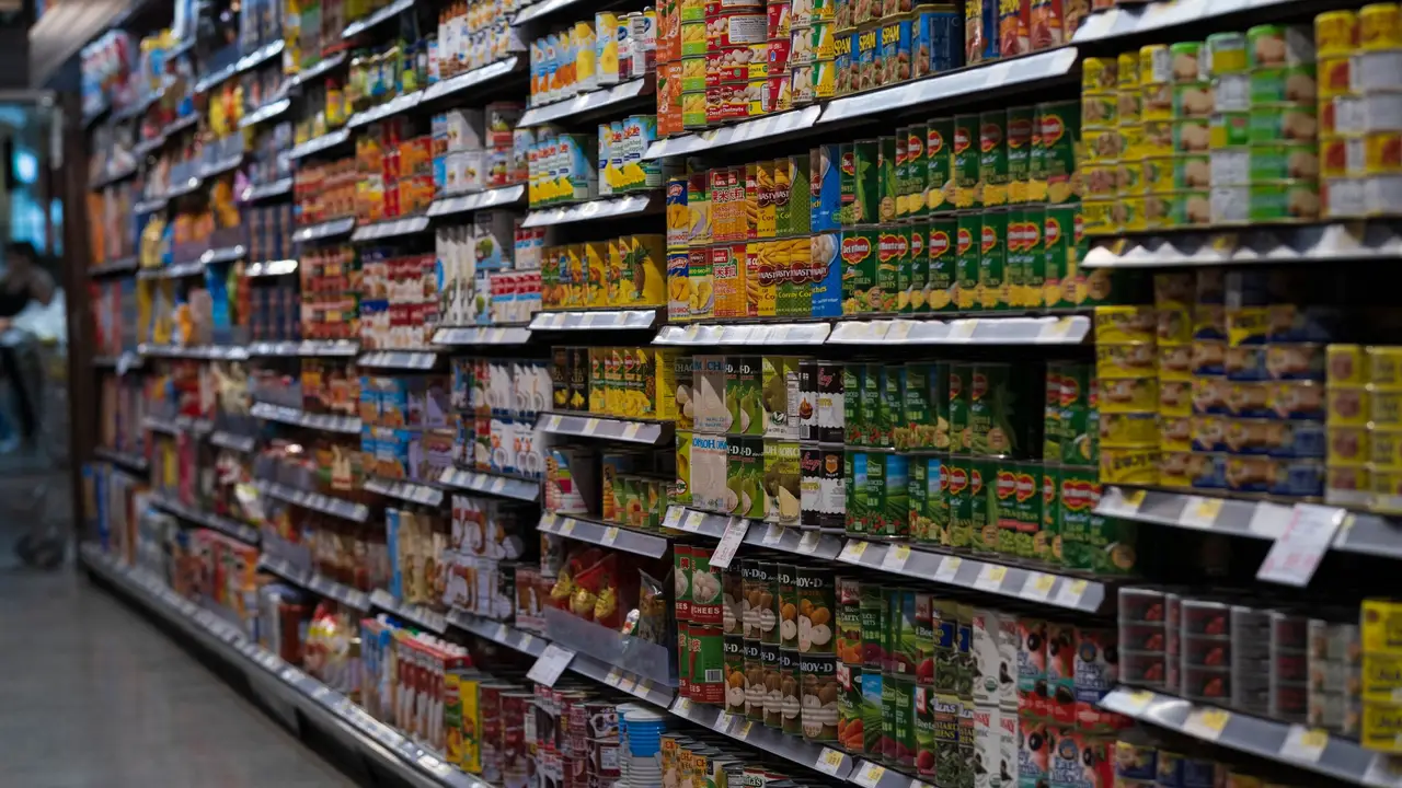 Pantry aisle with labeled shelves of canned goods
