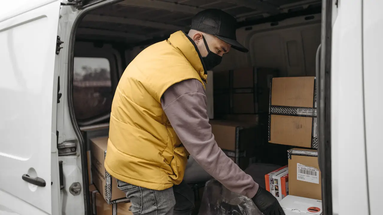 Volunteer unloading food boxes from a delivery van