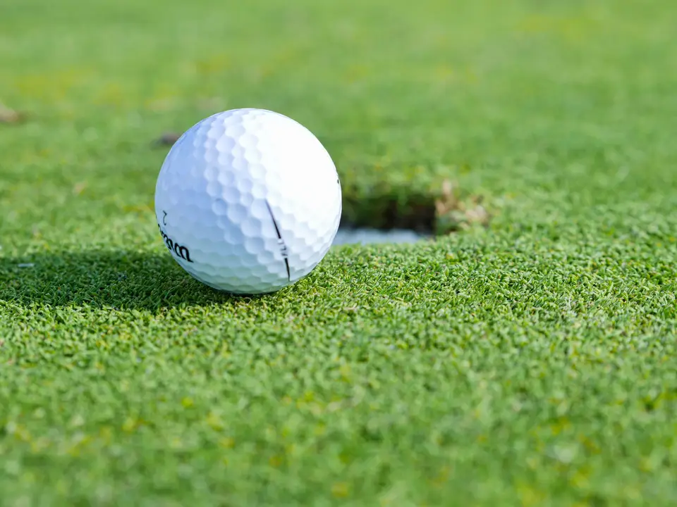 Golf ball on putting green close-up