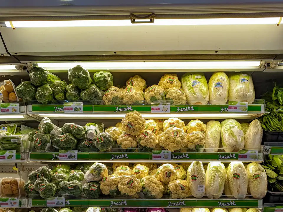 Broccoli and cabbage on refrigerated shelves