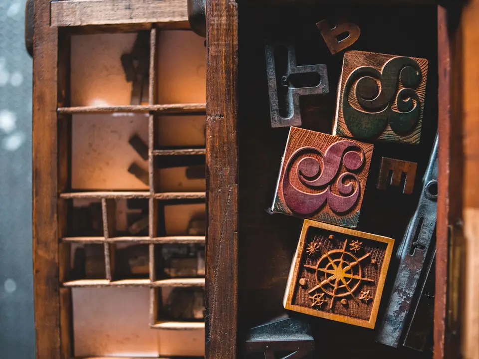 Wooden letterpress type in a drawer