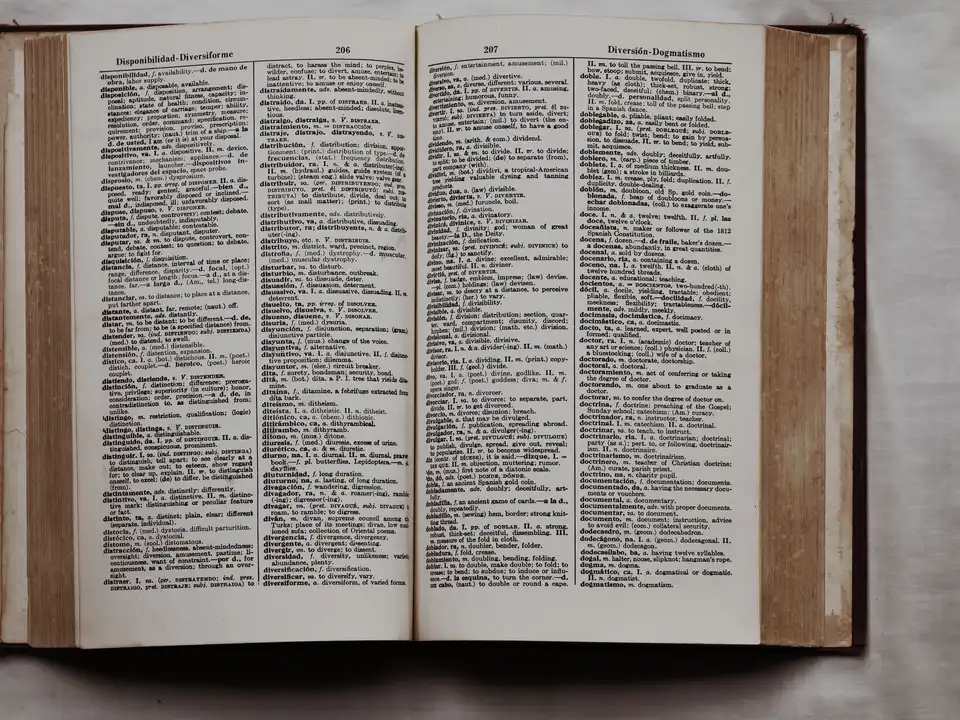 Open dictionary showing English and Spanish translations
