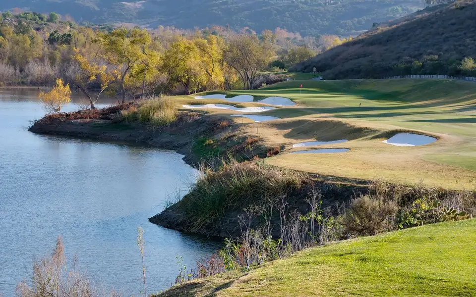 Patio overlooking a golf fairway at dawn