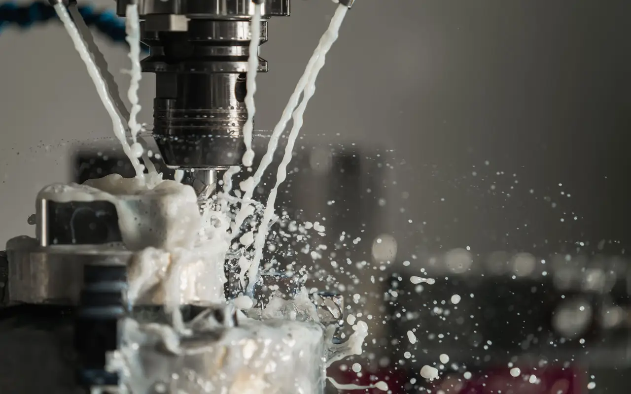 A CNC milling spindle cutting aluminium with coolant mist in a bright shop