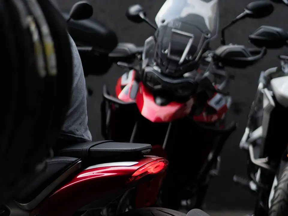 Motorcycle helmets on display