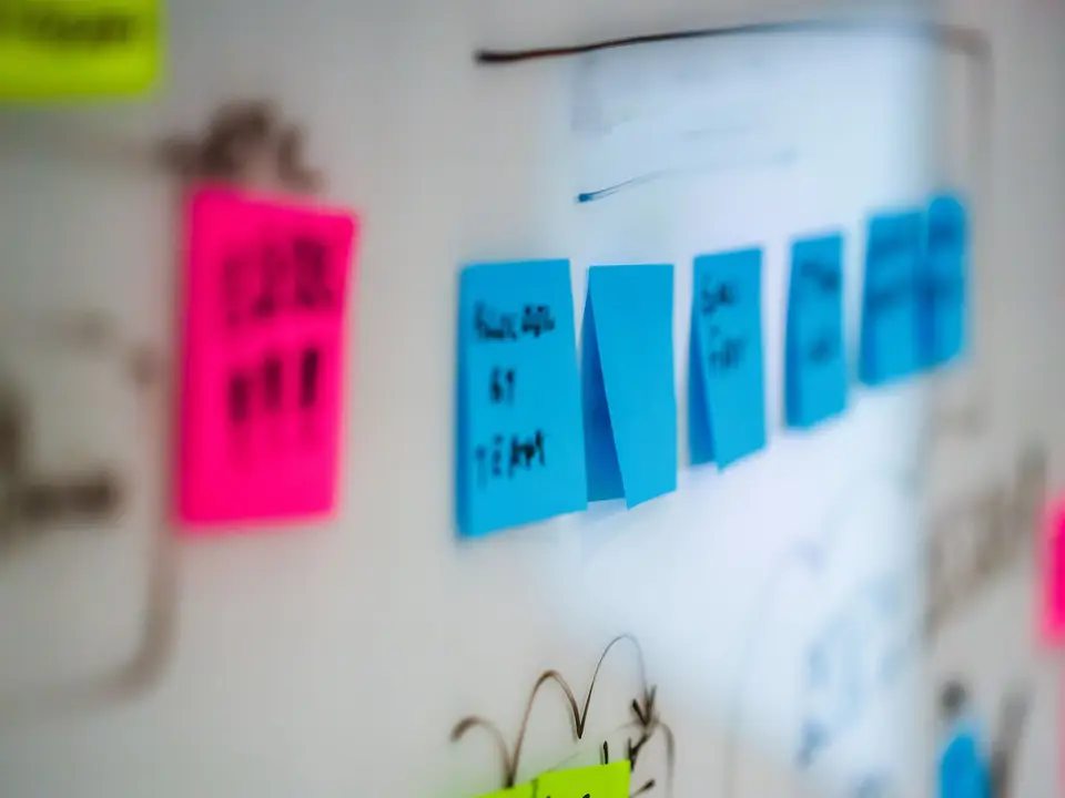 Sticky notes on a whiteboard during a brainstorming session