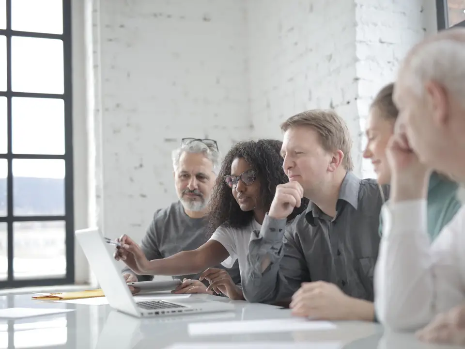 Professionals reviewing a proposal together on a laptop