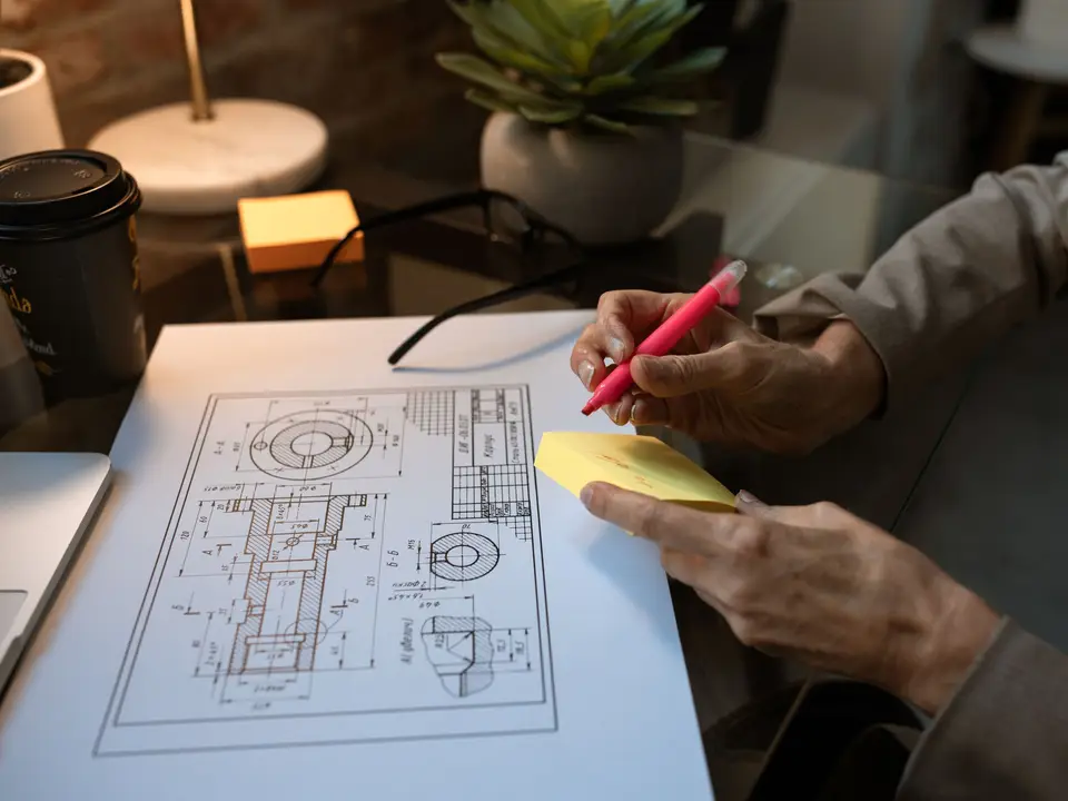 Person marking up a technical plan beside a laptop and coffee